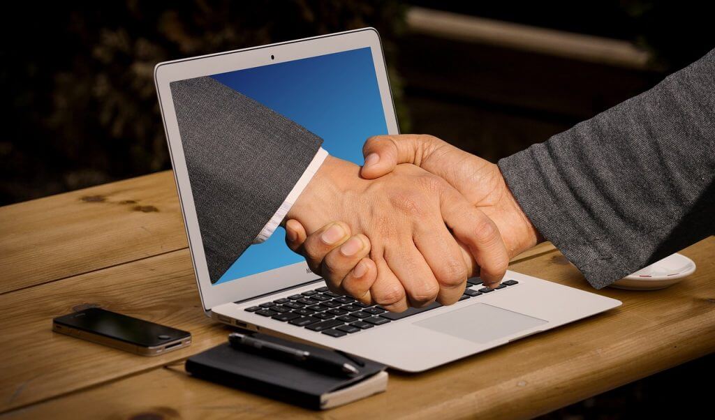 handshake, hands, laptop